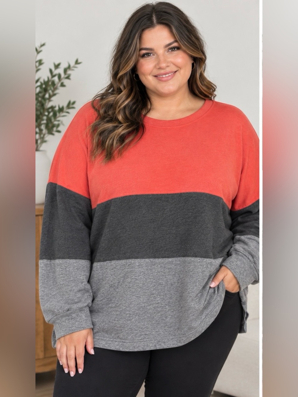 Plus-Size Colorblock Cozy Pullover Sweatshirt - Coral/Charcoal/Heather Gray